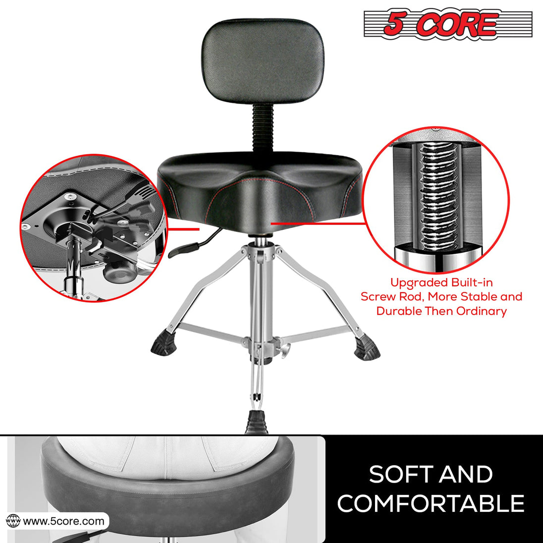 Strong and comfortable drum stool designed for stability and long playing sessions, perfect for use with drum sets.