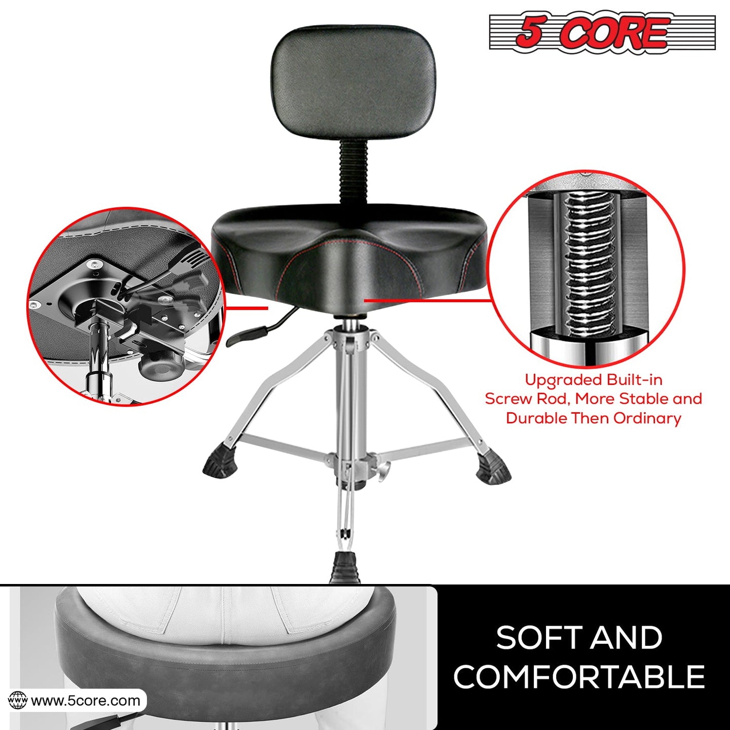Strong and comfortable drum stool designed for stability and long playing sessions, perfect for use with drum sets.