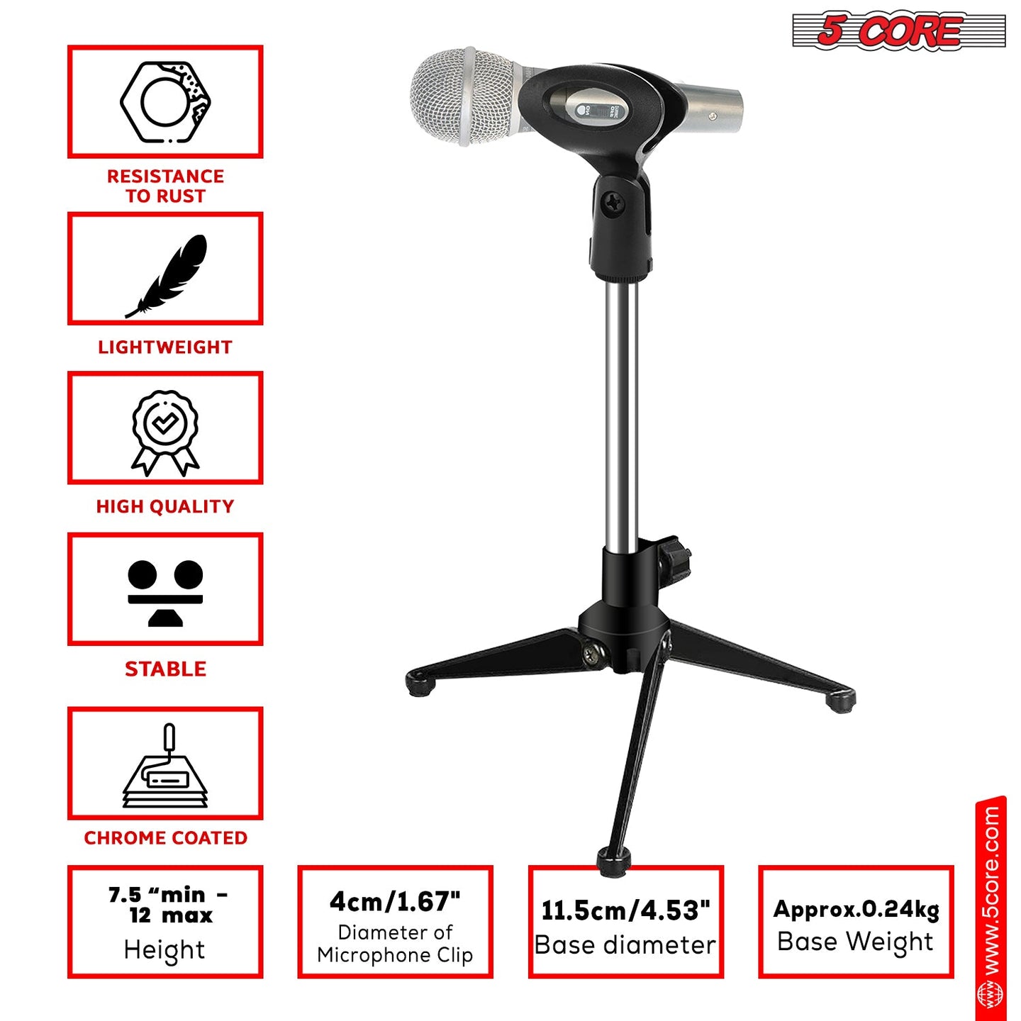 Adjustable height desk mic stand with sturdy base and versatile design for home or studio use.