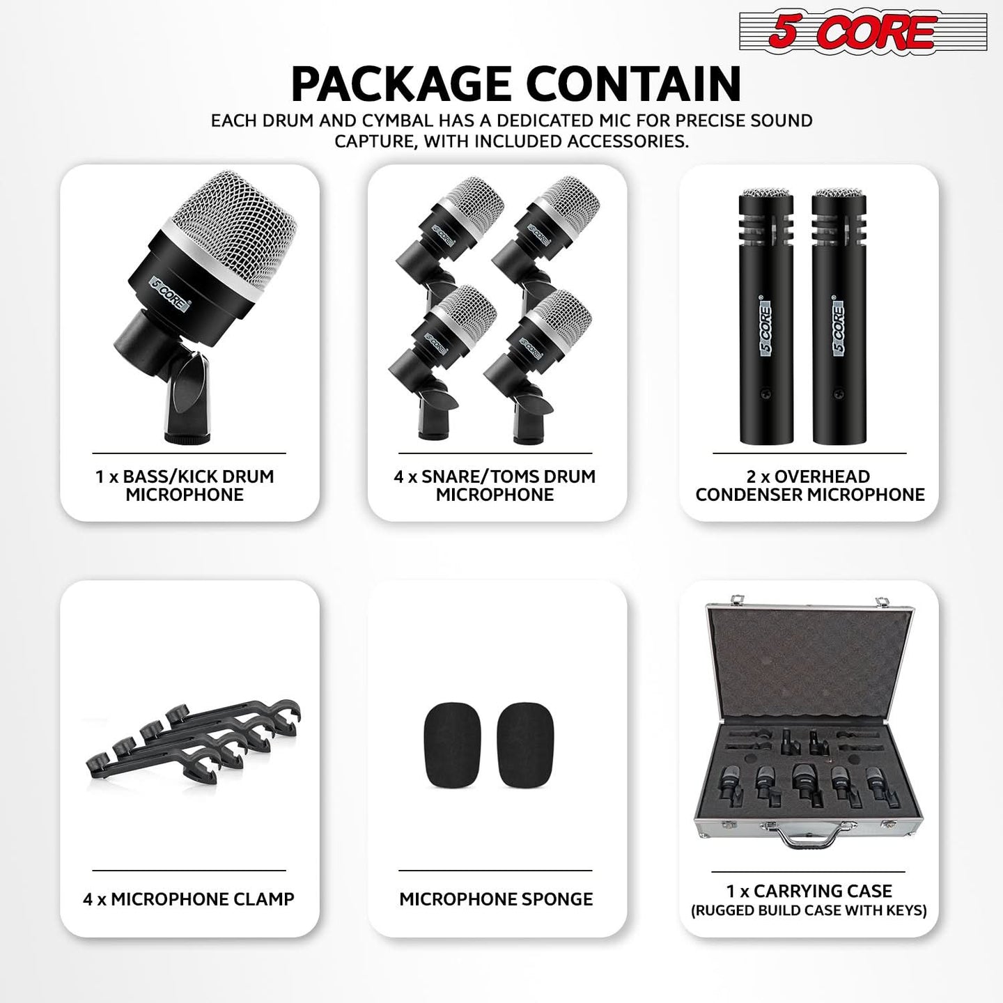 Drum microphone set ensures clear and professional sound quality for live and studio recordings.