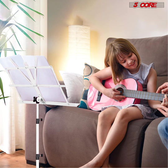 Dual use sheet music stand for adults and kids with adjustable height, sturdy build, and portable design for versatile use