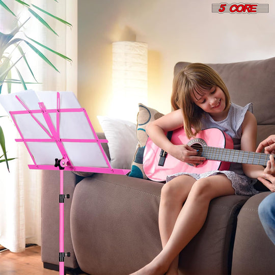 Music stand designed for easy use by kids, with adjustable height and a simple setup for young musicians