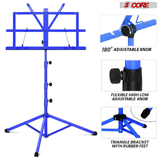 Music stand with flexible angle adjustment, allowing customizable tray positioning for optimal sheet music visibility