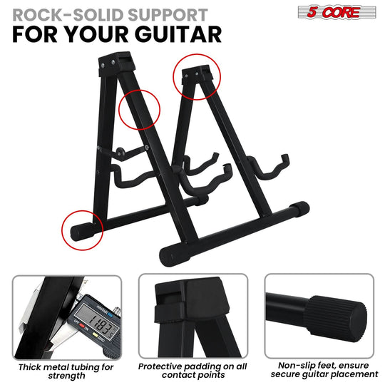 Heavy-duty guitar holder, designed with strong materials to securely hold guitars of all sizes, providing stability and protection.