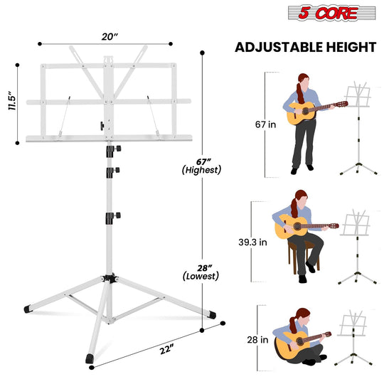 Height-adjustable sheet music stand with sturdy build, foldable design, and easy portability, perfect for musicians and performers