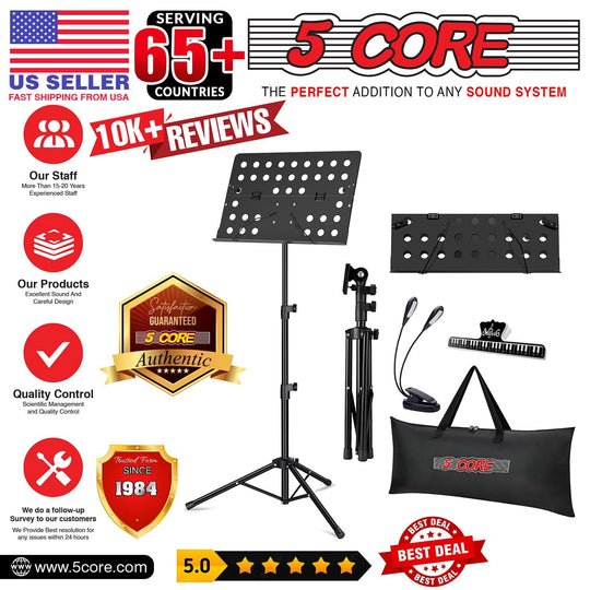 5Core black music stand tripod adjustable and foldable for sheet support