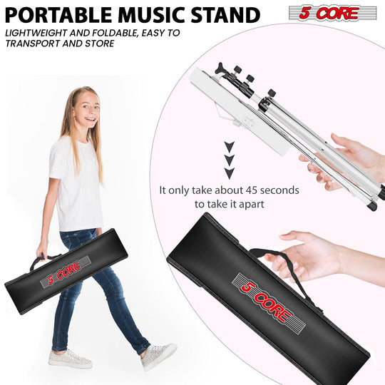 Portable sheet music stand with lightweight, foldable design and adjustable height, perfect for musicians on the go