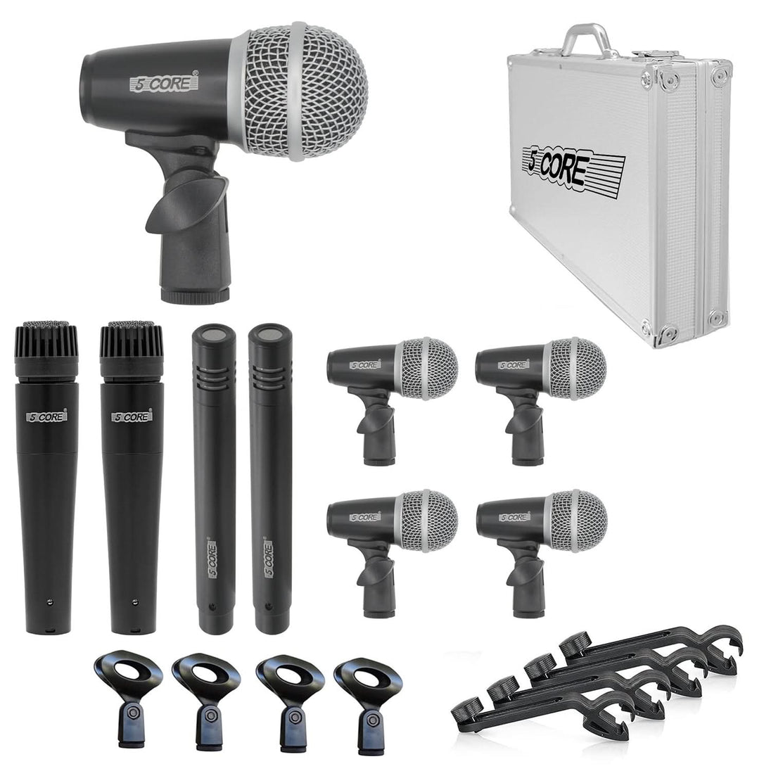 5 Core Drum Mic Kit 9 Piece Drumset Wired Dynamic Microphone Kick Bass, Tom/Snare & Cymbals Set