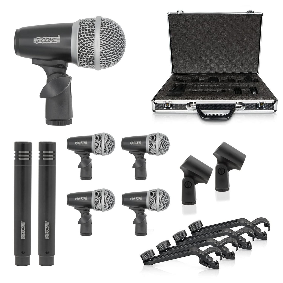 5 Core Drum Mic Kit 7 Piece Drumset Wired Dynamic Microphone Kick Bass, Tom/Snare & Cymbals Set