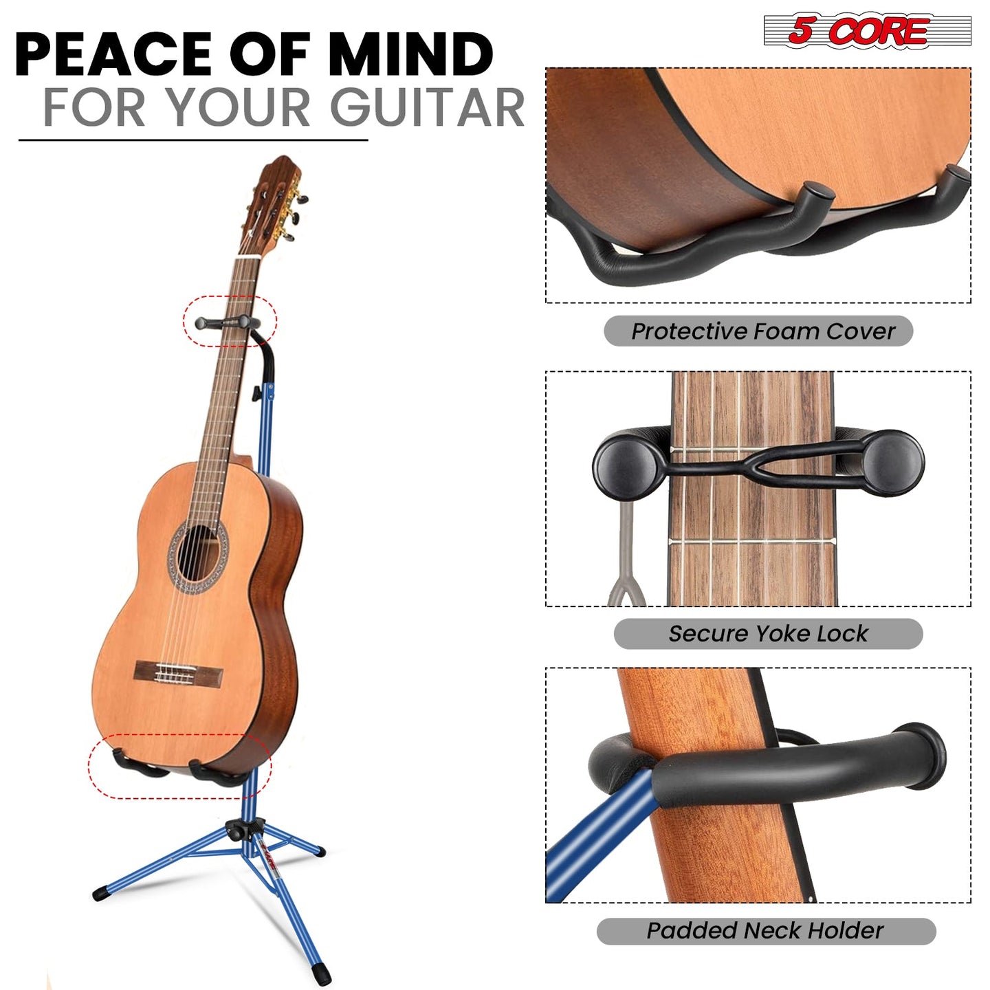 Safe acoustic guitar holder with secure design and padded arms to protect your guitar from damage while stored